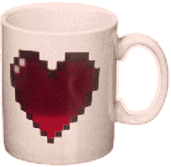 a coffee cup with a pixelated heart